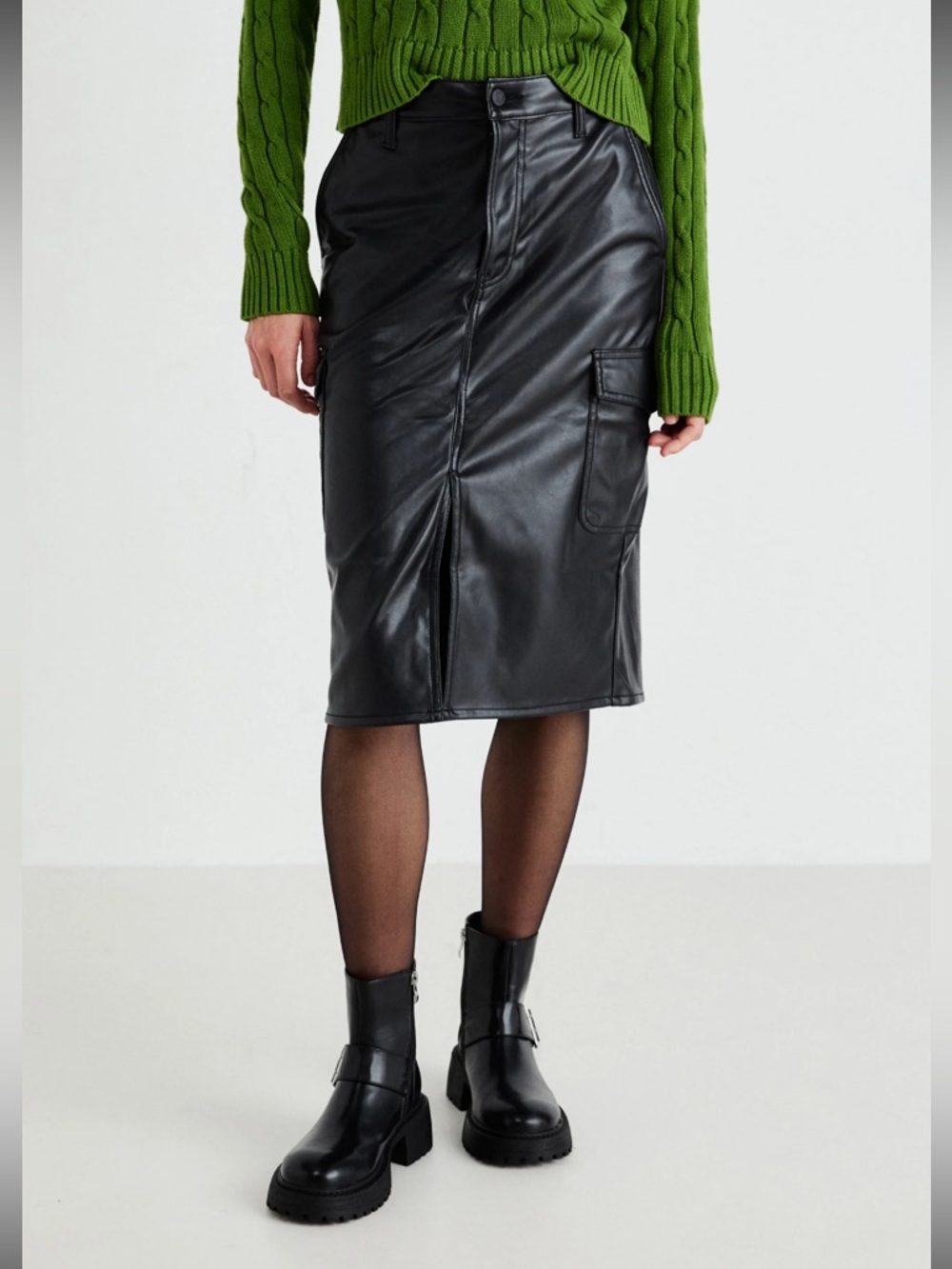 GAP Black Faux Leather Midi Skirt with Side Pockets